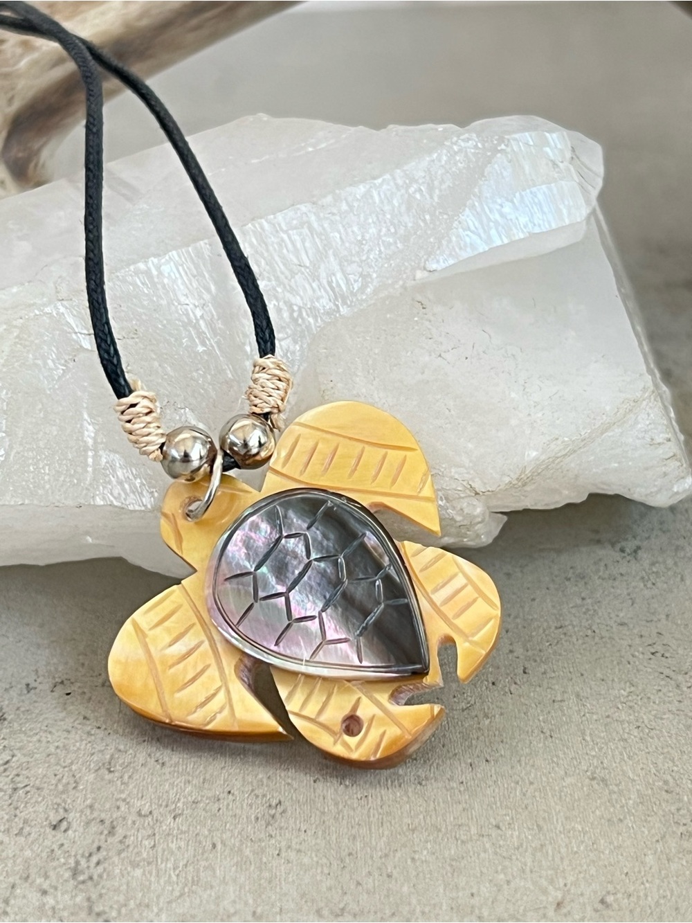 Genuine Carved Mother of Pearl Shell Sea Turtle Necklace Dark Color Variety 20in